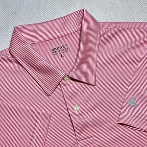 Brooks Brothers Jersey Polo Mens Large Pink Striped Performance Golf Casual